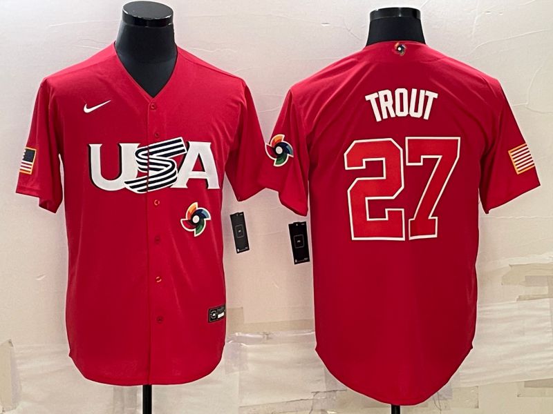 Men 2023 World Cub USA 27 Trout Red Nike MLB Jersey11